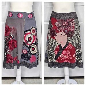 Desigual Asian Print Artistic Gray, Black, and Red Women's Skirt S Rare